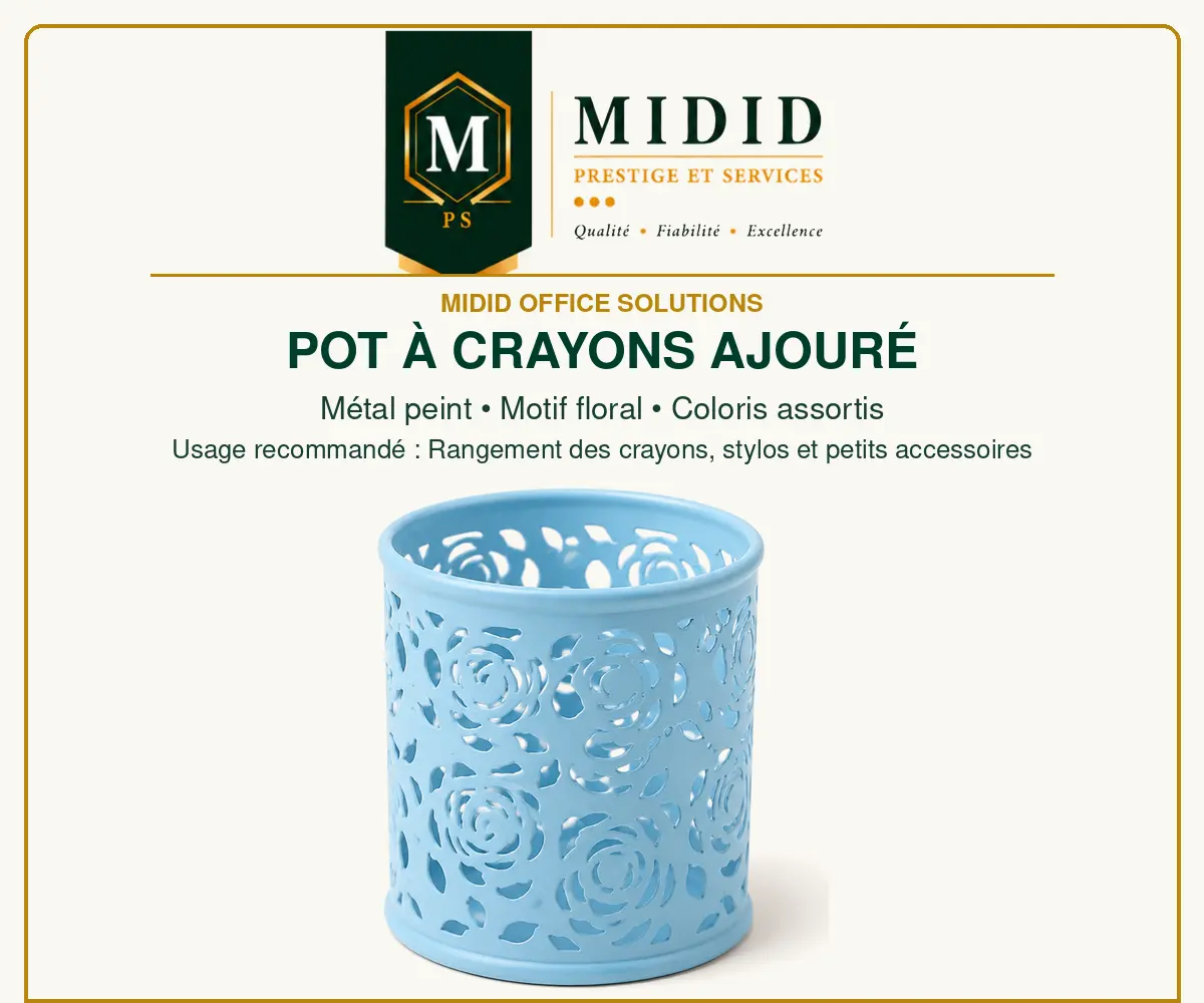 Pot à crayons bleu en métal peint avec motif floral ajouré