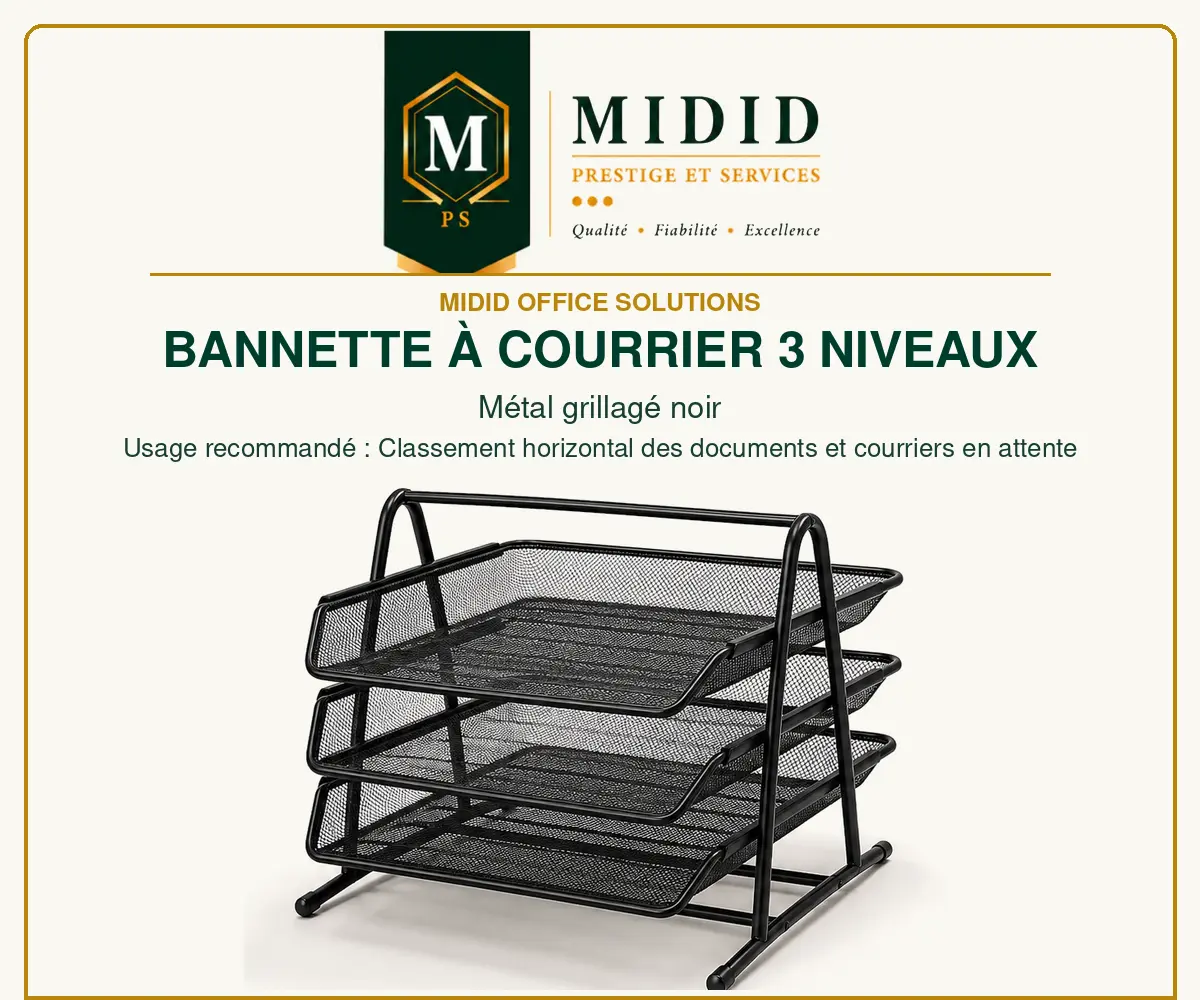 Bannette à courrier noire en métal grillagé avec trois niveaux