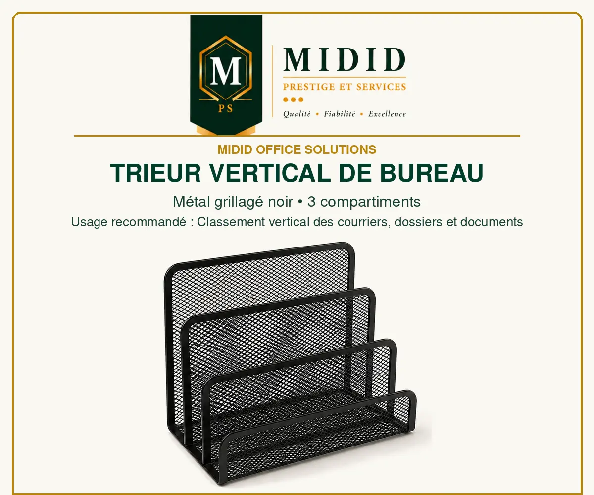 Trieur vertical de bureau noir en métal grillagé avec trois compartiments