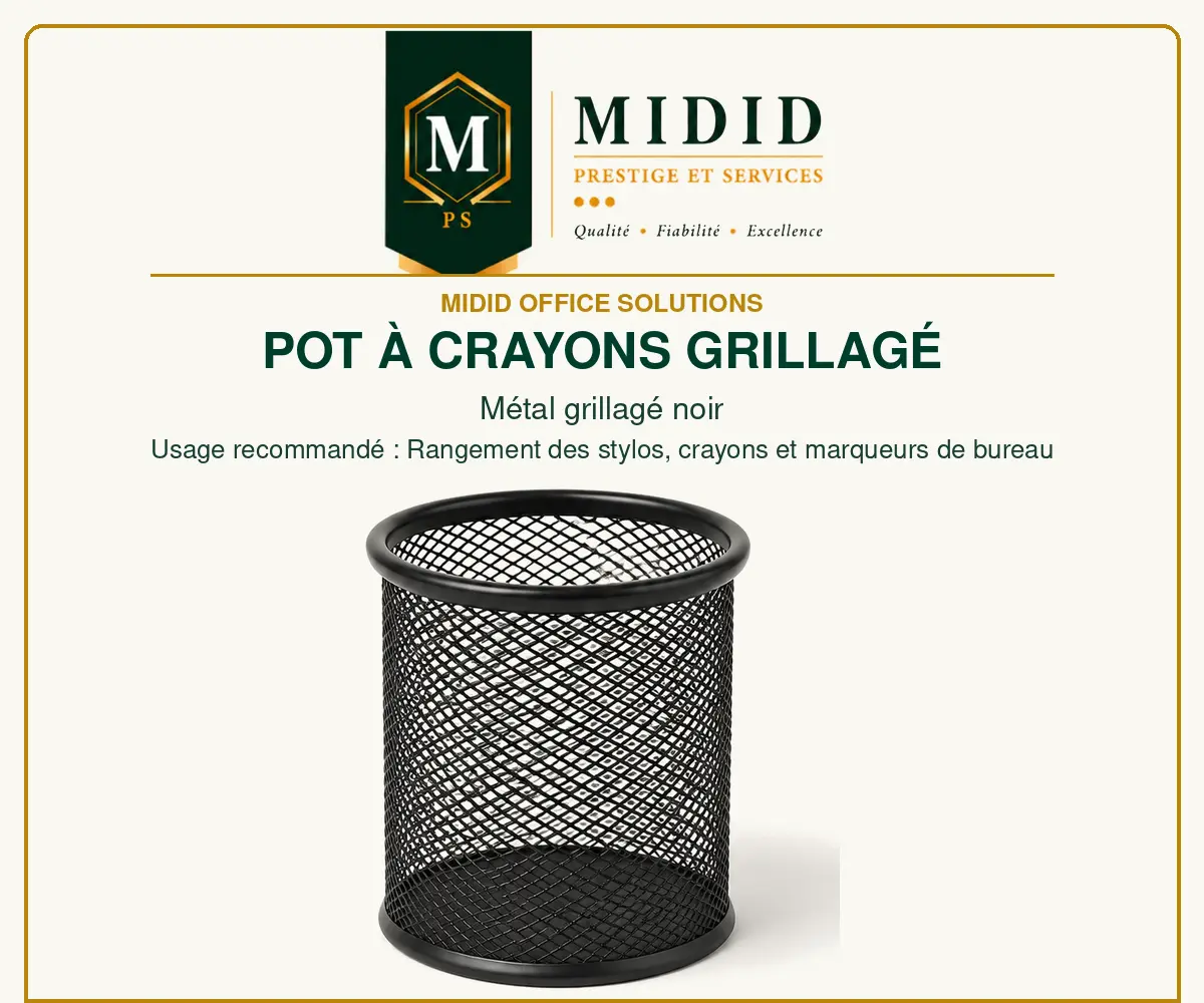 Pot à crayons cylindrique noir en métal grillagé