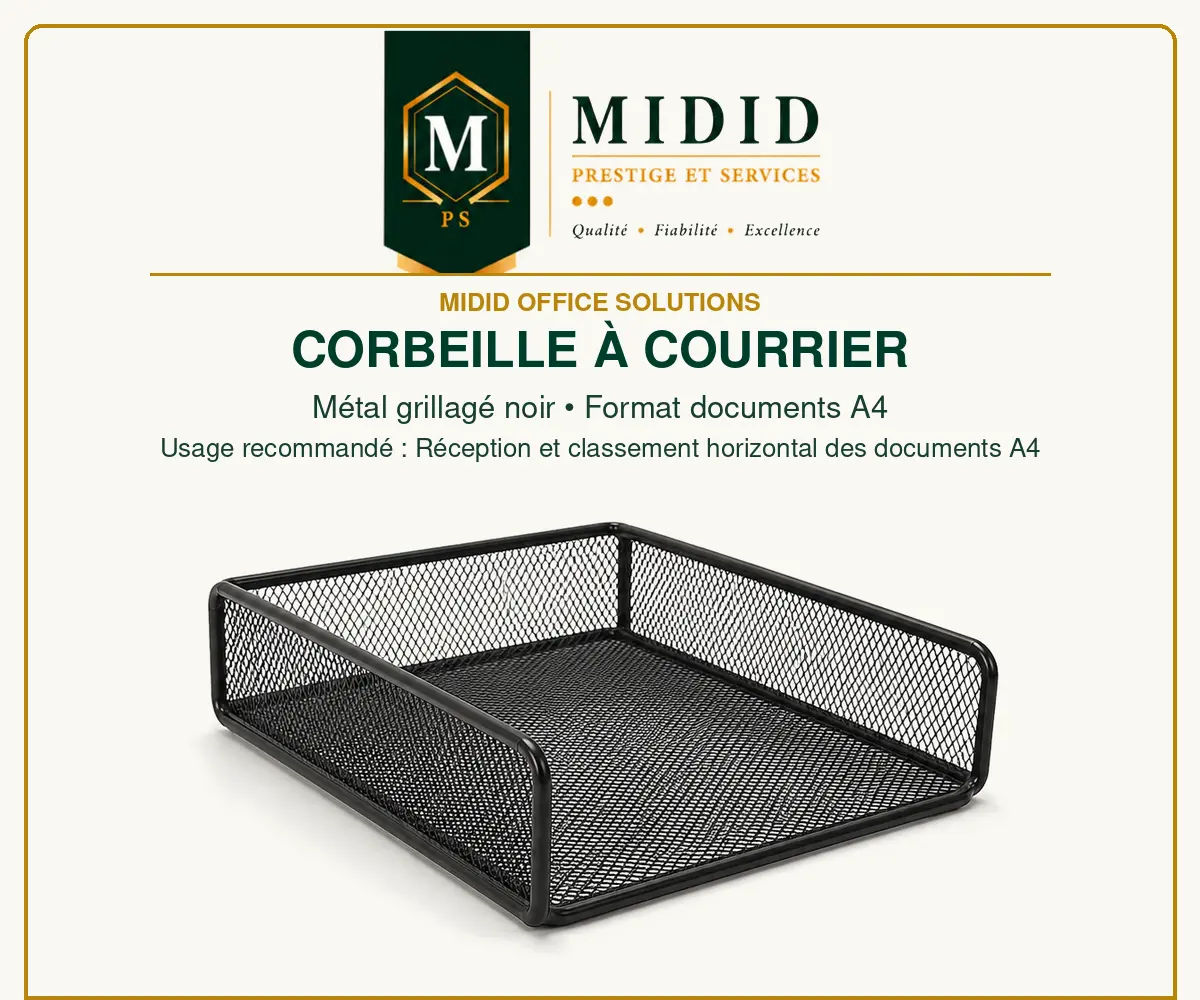 Corbeille à courrier A4 noire en métal grillagé